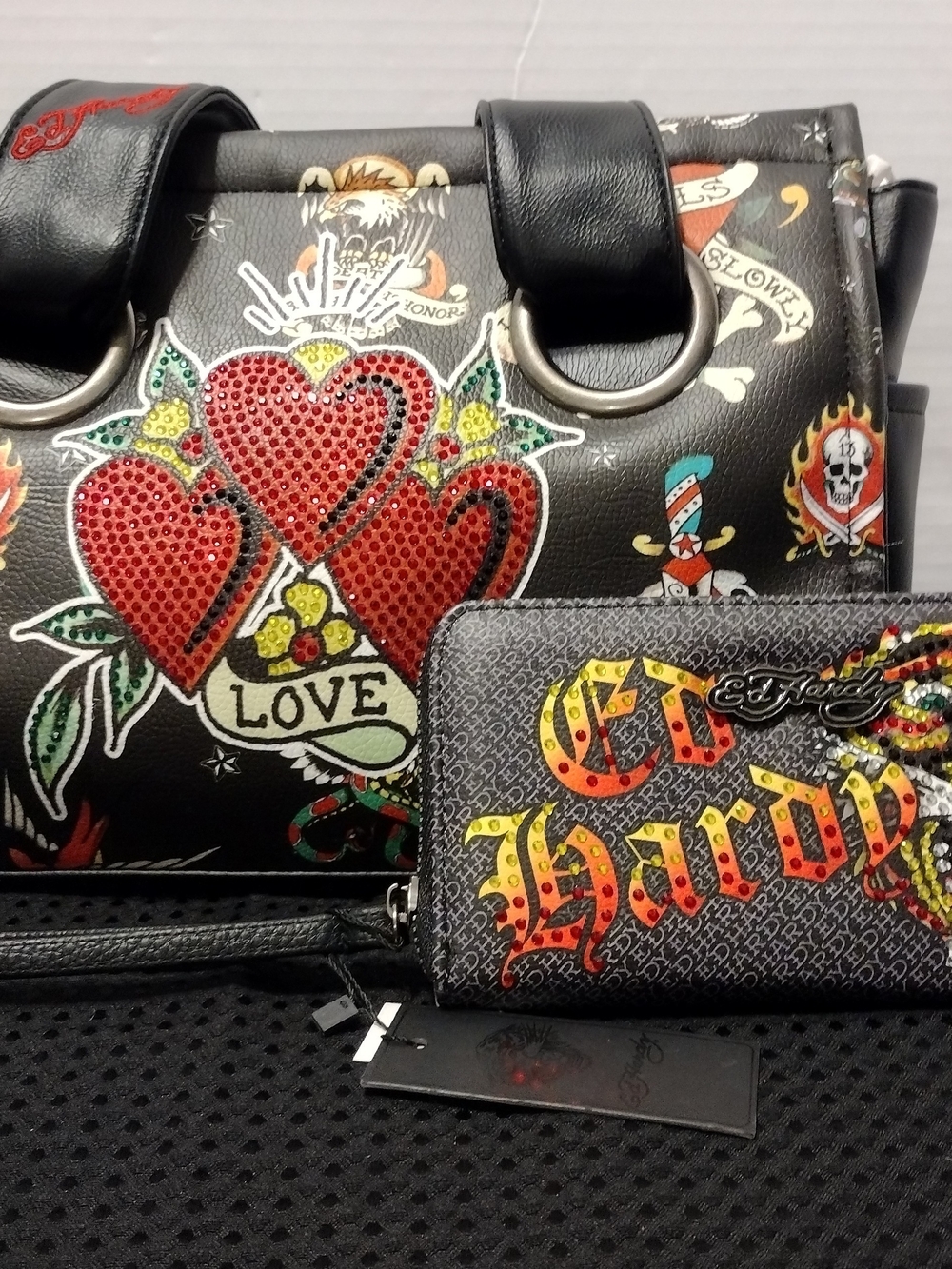 Ed Hardy Black 'Love Hearts' Dome Satchel and Wallet Set L-12" W-6" H-9"
